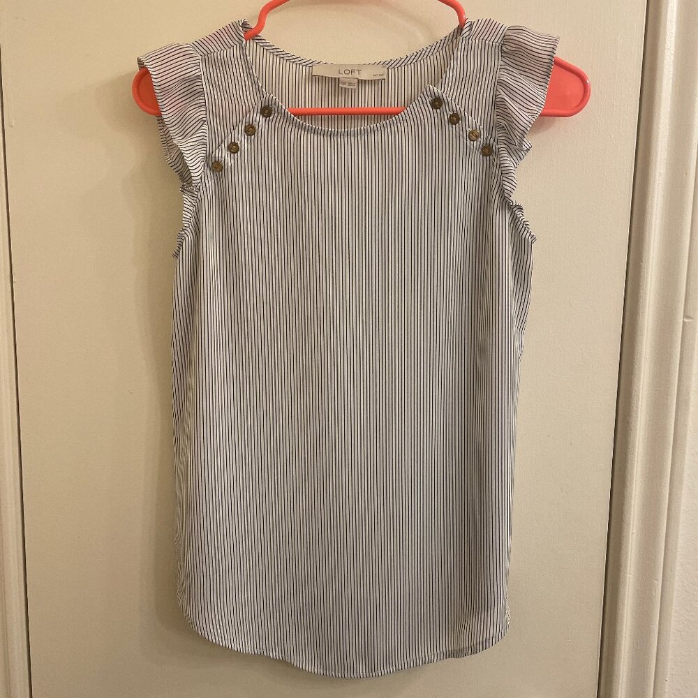 Loft White with black stripes ruffle sleeve Blouse Size Petite XXSP